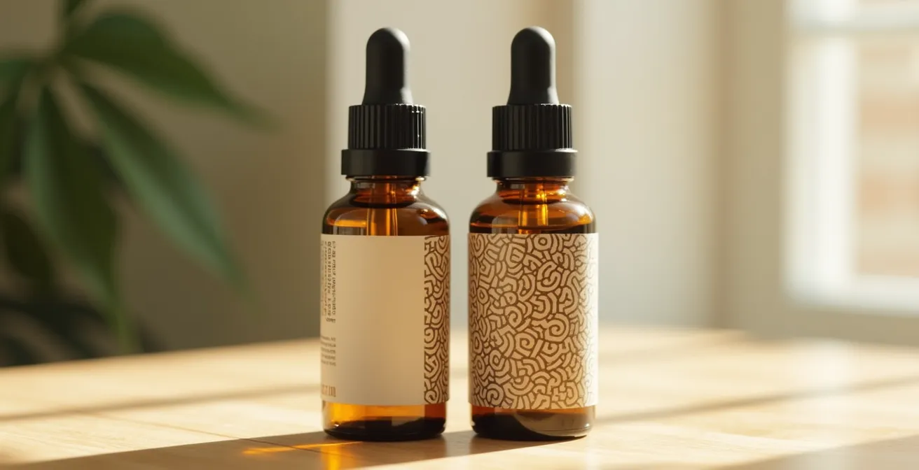 Bouteilles d’huile de CBD et d’huile de chanvre naturelles sur fond bois clair naturel