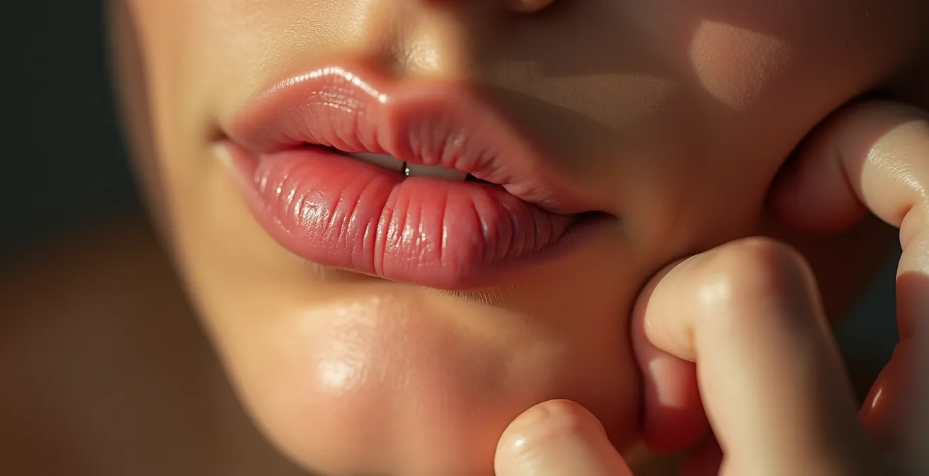 Gros plan sur peau sensible avec rougeurs atténuées par lumière douce et textures