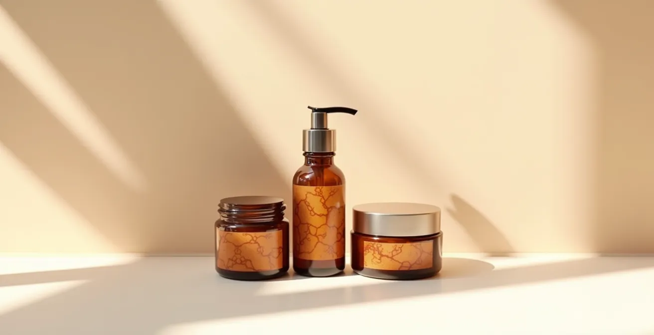 Composition naturelle de flacons et crèmes CBD sur fond clair minimaliste à la lumière naturelle