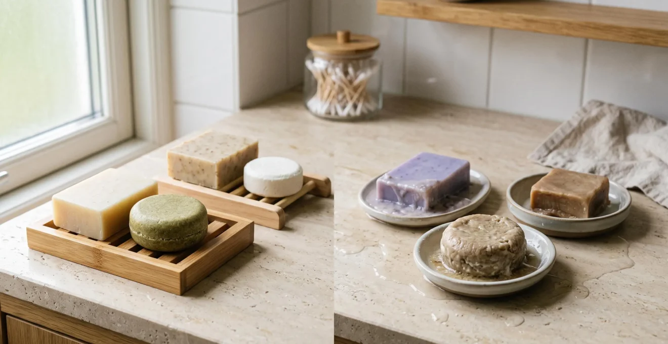 Comparaison de cosmétiques solides conservés sur différents supports montrant l'effet de la méthode de séchage sur leur état
