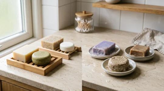 Comparaison de cosmétiques solides conservés sur différents supports montrant l'effet de la méthode de séchage sur leur état