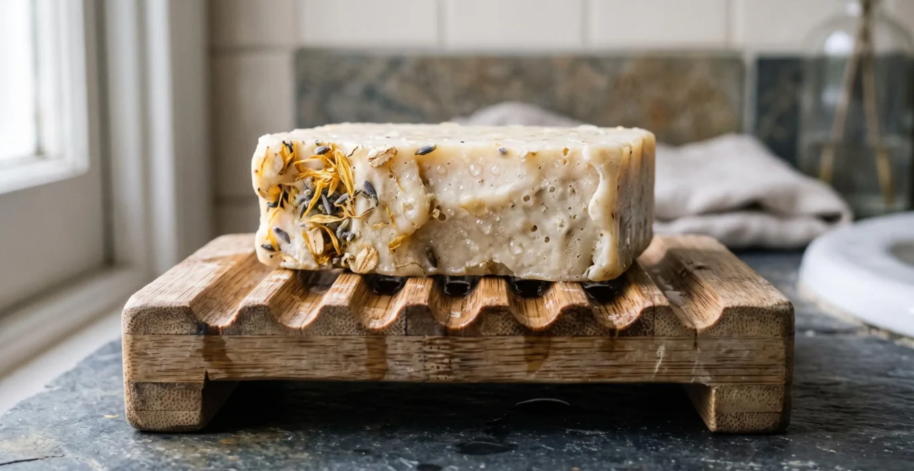 Savon solide artisanal posé sur un porte-savon drainant en bois permettant la circulation de l'air